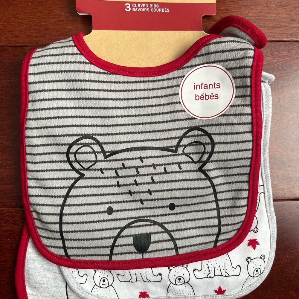 Gray and Red Bear Bib Set of 3